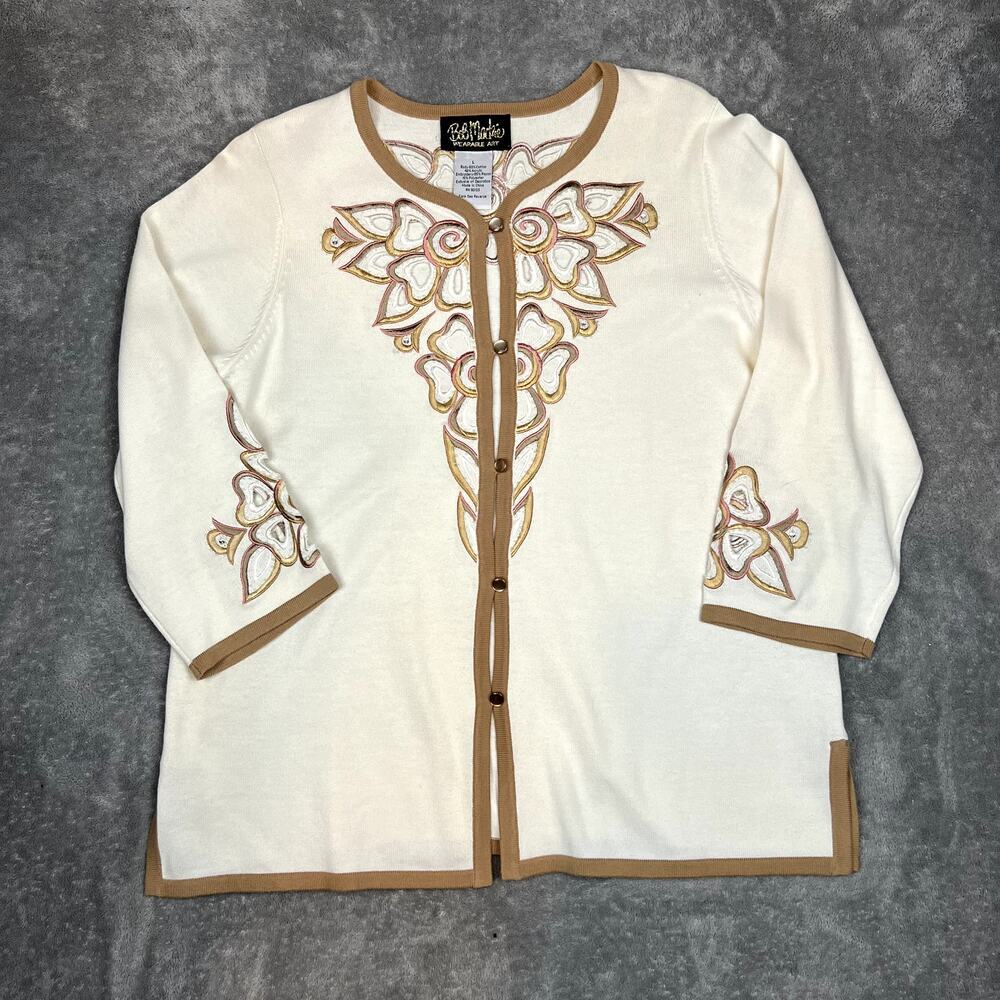 Bob‎ Mackie Wearable Art Cardigan Top Womens L Embroidered Floral Button Front